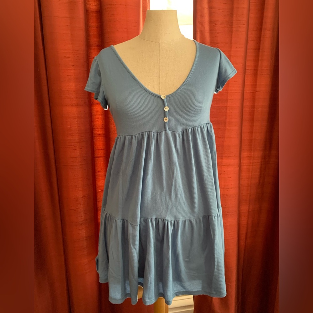 Blue V-Neck Buttoned Short Dress or Tunic Top